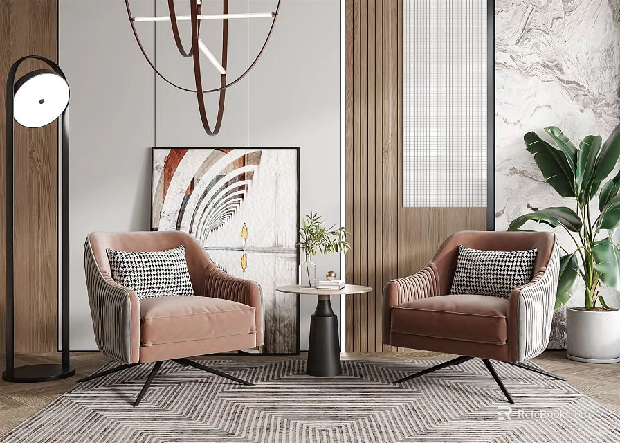 Leisure Sofa Set With Pink Armchairs Black And White Checkered Cushions Round Table And Plants 3d model 