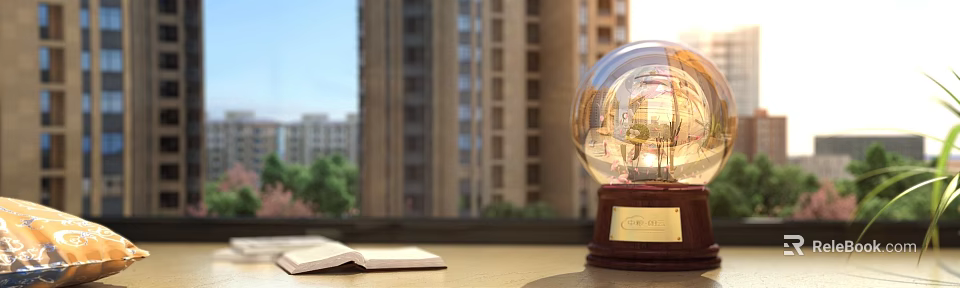Decorative Ornament Set With Crystal Ball Open Book On Windowsill And Tall Buildings Green Trees 3d model 