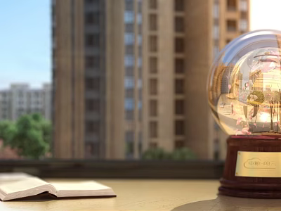 Decorative Ornament Set With Crystal Ball Open Book On Windowsill And Tall Buildings Green Trees 3d model