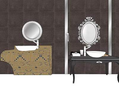 Elegant Washbasin Setups Featuring Round Mirror Woven Countertop And Ornate Oval Mirror With Black Table 3d model