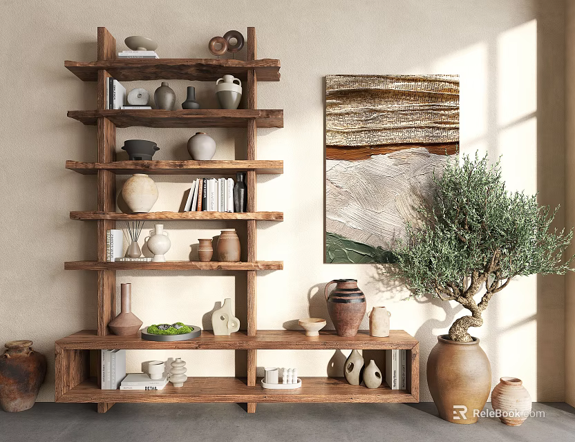Rustic Wooden Shelving Unit Displaying Vases Books And Decorations With Olive Tree And Wall Art 3d model 