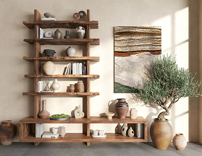 Rustic Wooden Shelving Unit Displaying Vases Books And Decorations With Olive Tree And Wall Art 3d model