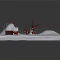 Cartoon Snowy Scene with Small Red Roof Houses Snowy Mountain Red Trees and Ice Patch