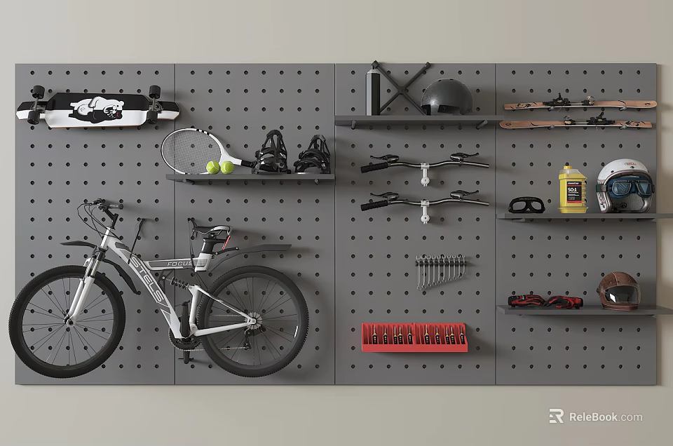 Bicycle Mounted on Pegboard Wall with Sports Gear Helmet and Tools Storage 3d model 
