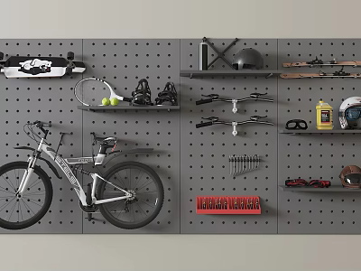 Bicycle Mounted on Pegboard Wall with Sports Gear Helmet and Tools Storage 3d model