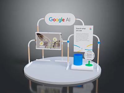 Google AI Electronic Device Display Stand With Info Boards Chart Blue Cup And Green Base 3d model