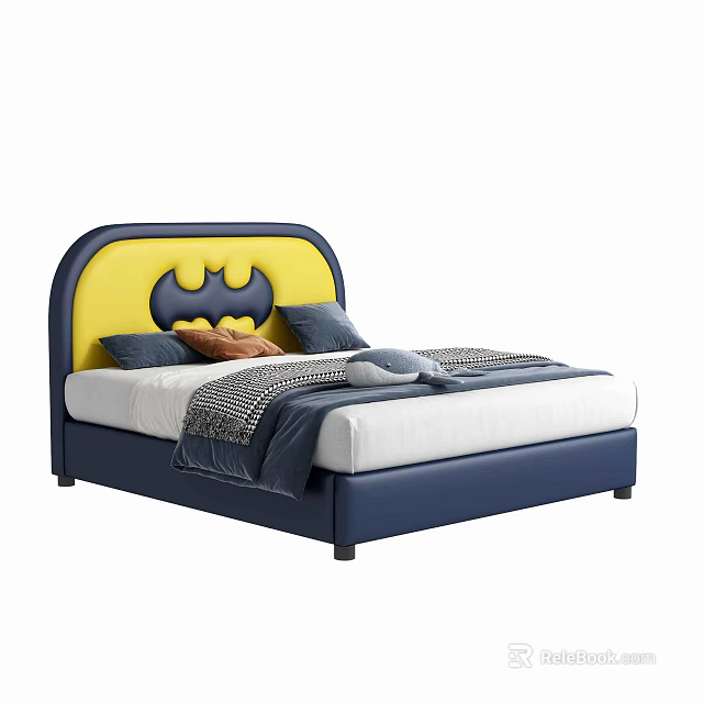 Kids Batman Themed Bed with Blue Yellow Headboard Soft Pillows and Patterned Blanket 3d model 