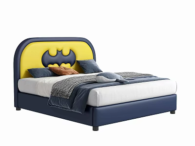 Kids Batman Themed Bed with Blue Yellow Headboard Soft Pillows and Patterned Blanket 3d model