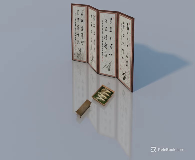 Chinese Style Sofa and Coffee Table Set with Calligraphy Screen Crane Patterns and Decorative Box 3d model