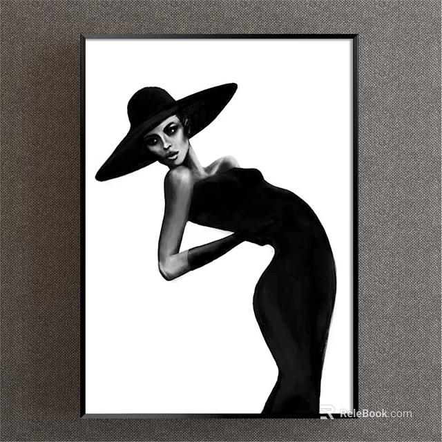 Black and White Woman Portrait With Wide Brimmed Hat And Elegant Pose 3d model 