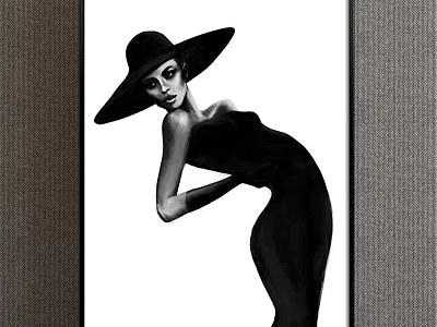 Black and White Woman Portrait With Wide Brimmed Hat And Elegant Pose 3d model
