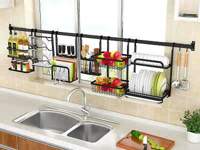 Modern Kitchen Wall-Mounted Cabinets Holding Spices Knives Fruits Dishes And Utensils 3d model