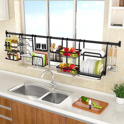 Modern Kitchen Wall-Mounted Cabinets Holding Spices Knives Fruits Dishes And Utensils 3d model
