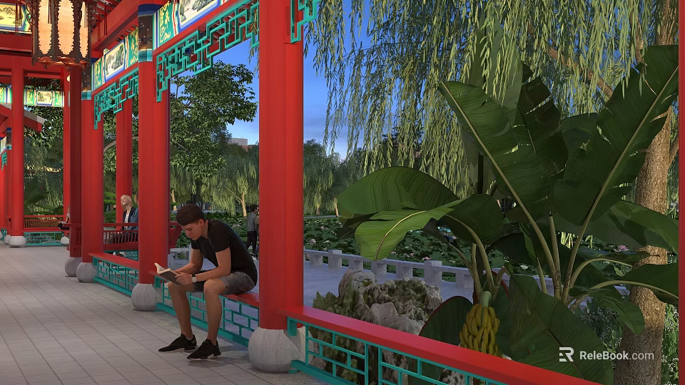 Traditional Chinese Pavilion with Red Columns Green Carved Railings Willows Lush Greenery and Person Reading 3d model 