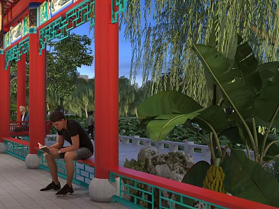 Traditional Chinese Pavilion with Red Columns Green Carved Railings Willows Lush Greenery and Person Reading 3d model