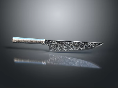 Handcrafted Kitchen Knife With Decorative Handle And Reflective Damascus Steel Blade 3d model