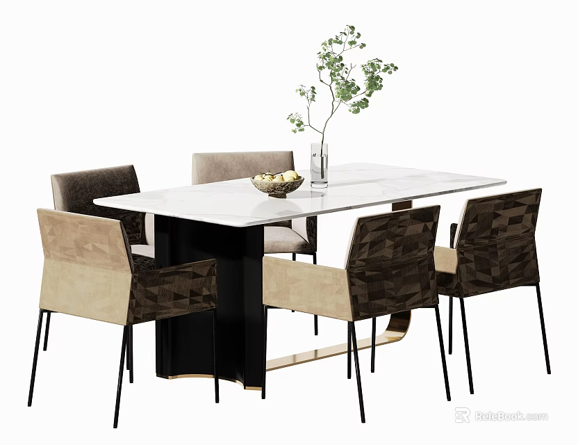 Modern Dining Table Set With Rectangular White Tabletop Chairs Vase Green Plants And Fruit Bowl 3d model