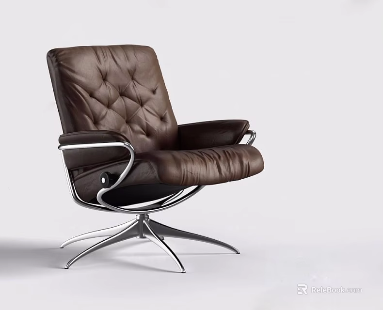 Modern Brown Leather Office Chair With Diamond Tufted Metal Armrests And Silver Star Base 3d model 