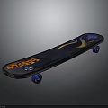 Man Riding Dark Blue Skateboard With Orange Yellow Patterns And Blue Wheels