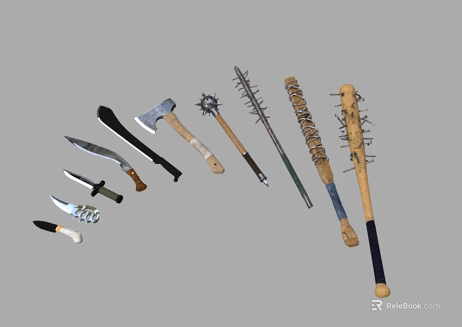 Different Types Of Handmade Weapons Collection Including Axes Knives And Spiked Clubs 3d model 