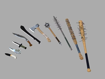Different Types Of Handmade Weapons Collection Including Axes Knives And Spiked Clubs 3d model