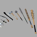 Different Types Of Handmade Weapons Collection Including Axes Knives And Spiked Clubs