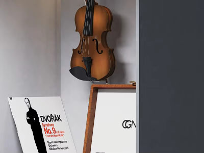 Premium Headphones and Speaker with Violin Music Poster on Wall Decor 3d model