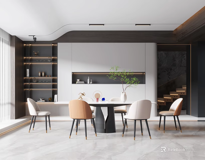 Elegant Modern Restaurant Interior With Dining Table Chairs Green Plant And Decorative Shelves 3d model 