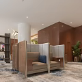 Hotel Public Lounge Area With Modern Sofas Wooden Dividers Chandelier Large Windows And Plants