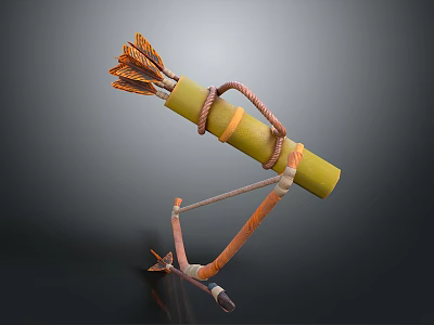 Handmade Primitive Weapon Featuring Wooden Bow Arrows Yellow Quiver And Leather Rope 3d model