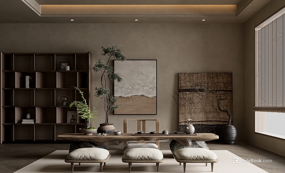 Modern Tea Room Interior Design With Wooden Shelves Green Plants Long Table And Cushioned Seats 3d model 