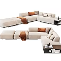 Modern Beige Linen Sectional Sofa With Accent Pillows Throw Blanket And Side Table 3d model