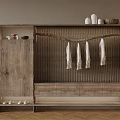 Natural Wooden Storage Cabinet With Clothing Rack Decorative Bowls And Shoe Compartment