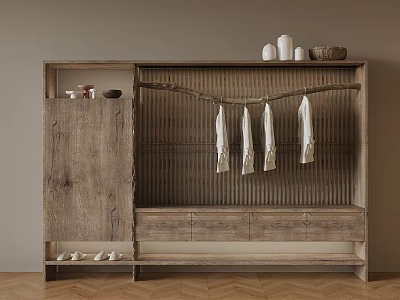 Natural Wooden Storage Cabinet With Clothing Rack Decorative Bowls And Shoe Compartment 3d model