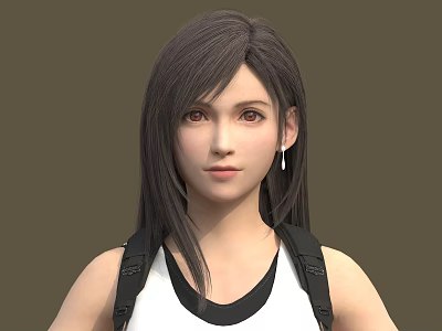 Woman With Long Dark Hair Wearing White Top And Black Collar Carrying Backpack With Earrings 3d model