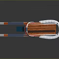 Traditional Wooden Sled With Red Seat White Ropes And Blue Skis