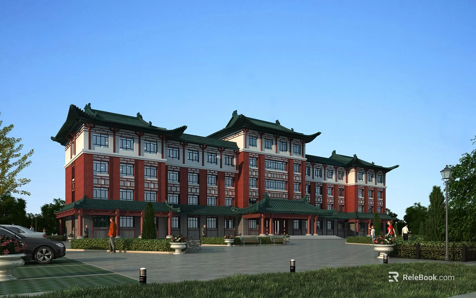 Traditional Style Office Building Red White Exterior Green Traditional Eaves Multi Story Front Plaza Area 3d model 
