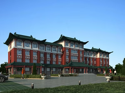 Traditional Style Office Building Red White Exterior Green Traditional Eaves Multi Story Front Plaza Area 3d model