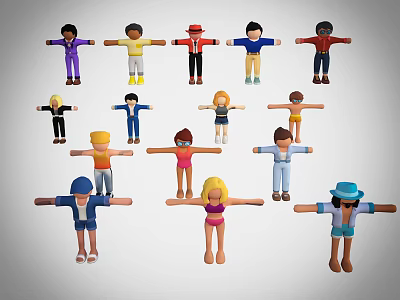 Game and Movie Cartoon Characters With Various Outfits Different Hairstyles and Arms Outstretched Standing Poses 3d model