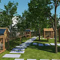 Traditional Garden Landscape with Wooden Arched Gateway Stone Path Lawn Trees and Small Cottages