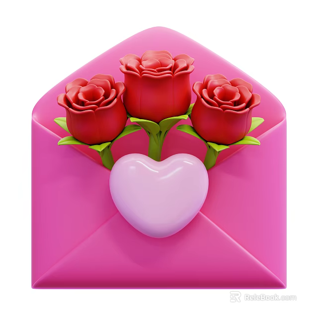 Pink Envelope Themed Decorative Ornament Set With Three Red Roses And Pink Heart 3d model 