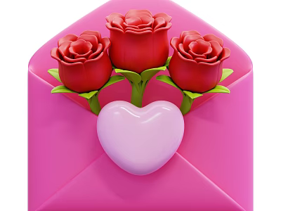 Pink Envelope Themed Decorative Ornament Set With Three Red Roses And Pink Heart 3d model