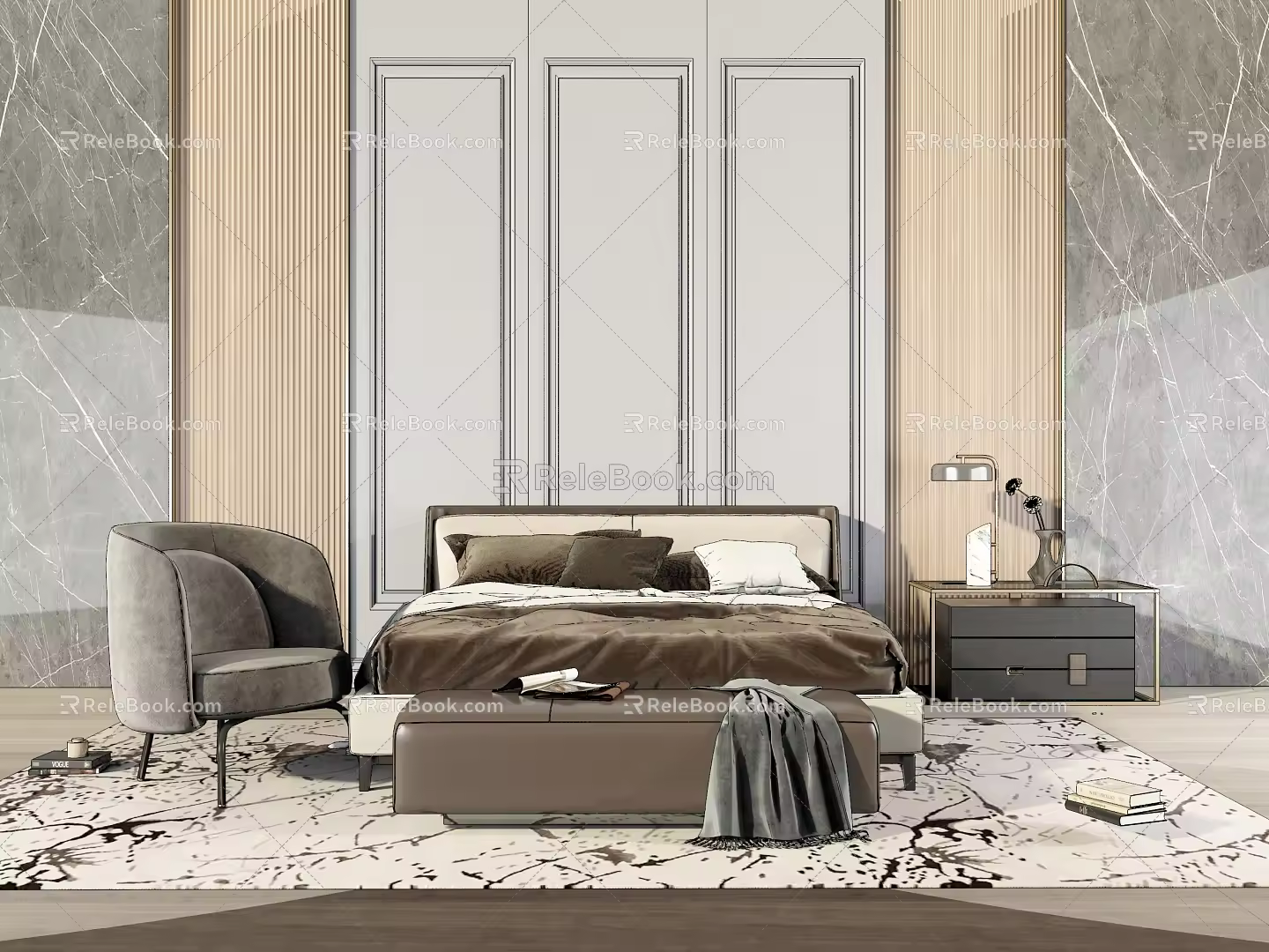 Modern background double bed simple bedding combination 3d model