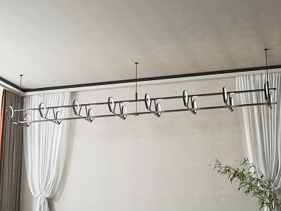 Modern Linear Metal Chandelier in Minimalist Interior With White Curtains And Green Plant 3d model