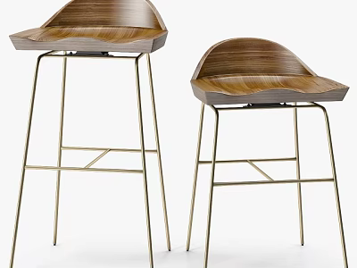 Modern Bar Stools With Wooden Seat And Golden Metal Frame 3d model
