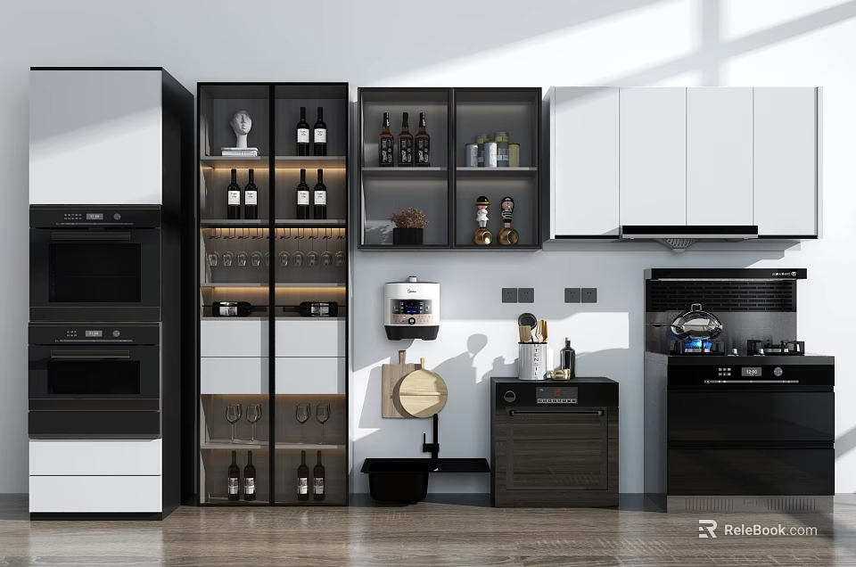 Modern Kitchen Interior With Dark And Light Cabinets Open Storage And Appliances 3d model