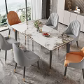 Modern Dining Table Set With Marble Top Orange Grey Chairs And Scenic Window View 3d model