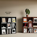 Black And Brown Bookcases With Books Photos Records And Potted Plant On Top