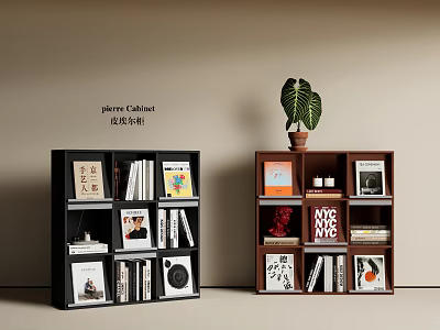 Black And Brown Bookcases With Books Photos Records And Potted Plant On Top 3d model