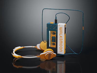 Yellow and White Headphones with Blue UNDERMOON Cassette Player on Dark Reflective Background 3d model